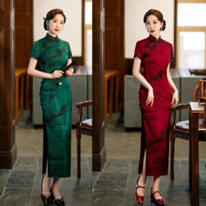 Old Shanghai Retro Ethnic Style Middle-Aged and Elderly Ladies’ Banquet Cheongsam Qi Pao Autumn Winter New Long Dress