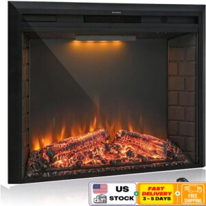36” Electric Fireplace Insert Retro Wall Mount Heater Multi Flame Modes Realistic Logs Remote Control Timer Energy Saving 750W