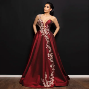 Elegant A-line beaded decal Ball Dress One shoulder sheer low neckline formal dress plus dimension floor length evening dress