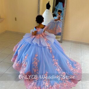 Luxury Sky Blue Flower Girl Dresses Lace Appliques Beads Crystals Pearls Puffy Kids Birthday Dress For Wedding Customized