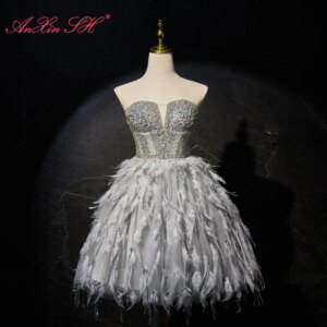 AnXin SH princess strapless grey lace feather beading crystal pearls party handmade customized evening dress little black dress