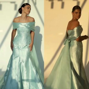 L03 Customized Green Satin Off The Shoulder Beaded Mermaid  فساتين السهرة vestidos de fiesta vestidos de noche evening dresses