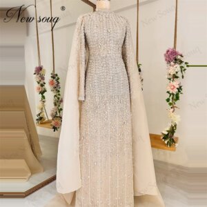 Middle East Pink Long Sleeves Evening Dresses Beaded Sequins High Neck Prom Dress Dubai Party Gowns Vestidos De Noiva Customized