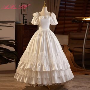 AnXin SH princess white satin sweetheart ruffles flower lace short sleeve beading bow lace up customized evening dress