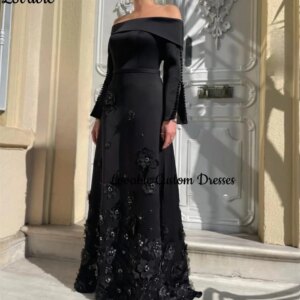 Customized Dresses For Special Occasions A-Line Off-The-Shoulder Neckline Floor-Length Long Sleeves Evening Dresses Flowers Zipp