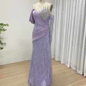 MYMB new luxury smart Purple Mermaid evening dress Arabic Off Shoulder Sheer Neck Beading Prom Dress Party Gowns Customized