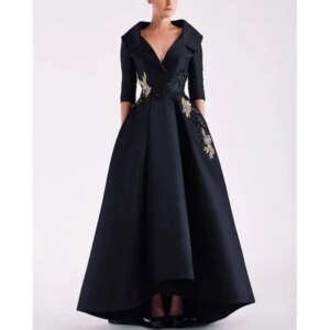Customized Black Evening Dress V-Neck Half Sleeve Appliques Floor Length Satin Pleat Formal Occasion Elegant Women Special Part