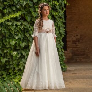 Elegant Half Sleeves Lace A-Line Flower Girl Dress For Wedding 2025 O-Neck Embroidery Party Kids Baptism First Communion Gowns