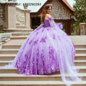 EVLAST Customized Lilac Quinceanera Dress Ball Gown Glitter 3D Floral Applique Beading Cape Sweet 16 Vestido De 15 Anos E1Q499