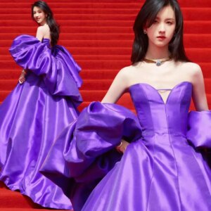 Modern Purple Evening Dresses With Cape Sleeves Deep V-neck A-Line Wedding Party Dresses Floor Length Teffeta Prom Gowns