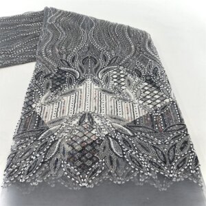 African Sequins Lace Fabric 2024 5Yards High Quality French Nigerian Groom Beaded Lace Fabric For Sewing Dress Wedding Party