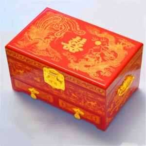Beautiful 3 Layer Chinese Retro Wood Wedding Jewelry Box with Mirror Drawer Dragon Phoenix Bride Storage Display Boxes Gift Case