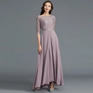 Long A-Line Mother Of The Bride Dresses 3/4Long Sleeves Lace top Pleats Chiffon Wedding Guest Party Dress Customized Formal Wear