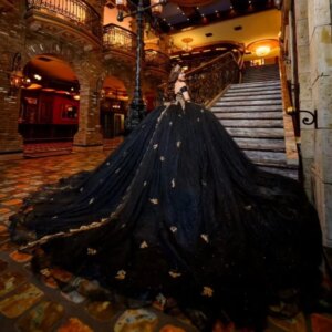 Customized Shiny black Off Shoulder Quinceanera Dress Tull 3D flower applique Lace ruffle Long tail vestidos de 15 Quinceanera