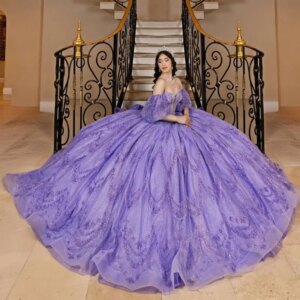 Customized Shiny Purple Off Shoulder Quinceanera Dress sequin applique Tull layering Long tail Bow vestidos de 15 Quinceanera