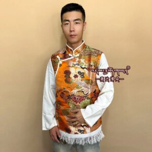 Men’s Tibetan Costumes Stitching Vest Design Fake Two-Piece Tassel Clothing Top Shirt