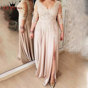 Champagne Mother Of The Bride Dresses Simple Three Quarter Side Split Wedding Party Dress Vestidos De Novia Custom RF03