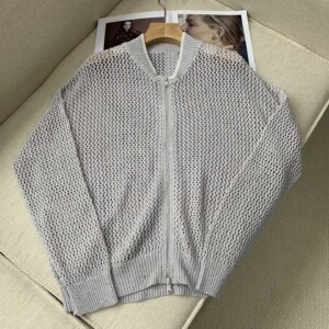 Hollow Out Women Knitted Cardigan Linen Blend Stand Collar Long Sleeve Loose Ladies Sweater