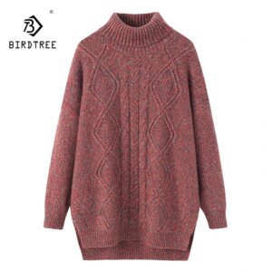 BirdTree,100% Cashmere Elegant Sweater, Women’s High Neck Mid Length Loose Casual Commuting Style,autumn and Winter Top T48913KS