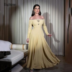 Eightree Light Yellow Evening Party Dress Off The Shoulder Prom Gowns Shining Beads Night Celebrity Dresses Customized