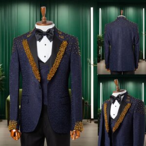 Luxury Men Wedding Suits Peaked Lapel Single Breasted Beaded Tuxedos Groom Evening 2 Psc Blazer Pants Custom Made