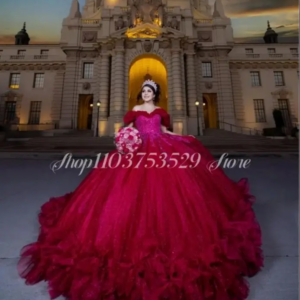 Red Princess Quinceanera Dresses Custom Luxury Off Shoulder Lace Appliques Cathedral Train Mexico 16 year old vestidos de festa
