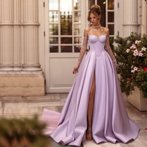 Stunning Pearls A Line Prom Dresses Corset Thigh Split Birthday Party Gown With Detachable Sleeve Pleat Satin Vestidos De Novia