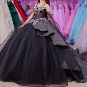 Black Shiny Quinceanera Dress Ball Gown Off The Shoulder Corset Pageant Flowers Lace Sweet 15 Party Vestidos De XV Años