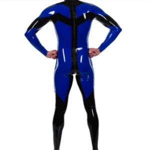 Sexy Latex Catsuit for Men Rubber Bodysuit with Back Zip Blue with Black Fetish Customize Cosplay Costumes