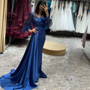 Blue Long Sleeved Dignified Chiffon Sleeve Dance Dress Sequin V-neck Evening Dress Satin Formal Party Dress Customized