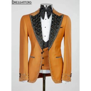 Orange Crystal Beading Evening Party Men Suits Three Pieces Blazer Groom Wear ( Jacket Vest Pants )