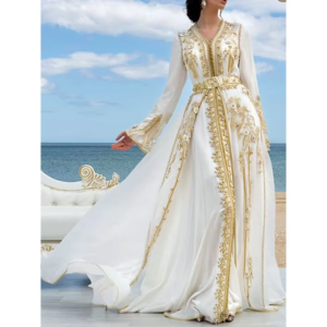 Elegant Evening Dresses Chic Golden Lace Appliques Prom Gowns Arabic Muslim White Chiffon Formal Mother Wedding Party Dresses
