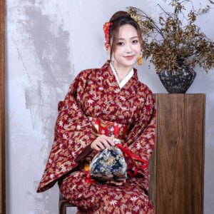 Maple Leaf Bamboo Kimono Japanese Store Women’s Season Photography Improved Bathrobe
