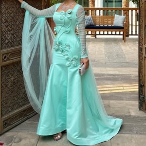 Customized Temperament Crystal Mermaid Off The Shoulder Satin Evening Dress Modern Square Collar Long Sleeves Cocktail