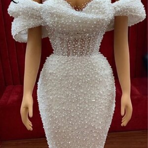 Full Pearls Mermaid Party Dresses Customized Arabic Short Sleeves Evening Gowns 2023 Elegant Ivory Long Beaded Sequin Prom Dress