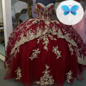 Luxury Red Sweet 16 Ball Gown Quinceanera Dress Off The Shoulder Gold Appliques Lace Beads Crystal Lace-Up Vestidos De 15 Años
