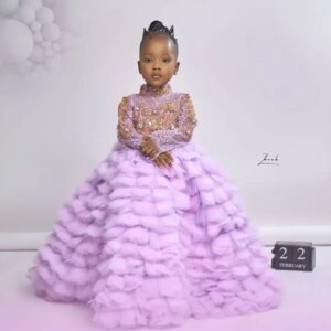 High Neck Girl’s Birthday Party Dresses Customized Beading Long Sleeve Flower Girl Dresses Baby Princess Kids Pageant Gowns