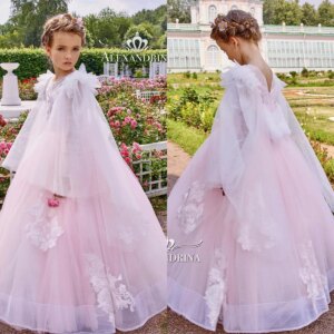 Blush Pink Flower Girl Dresses Wrap Sleeve Lace Baby Girl’s Birthday Party Gowns Customized Kids First Communion Dresses