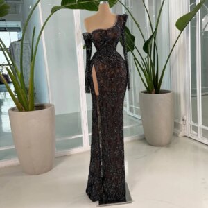 Black Mermaid Evening Dress Lace Applique One-Shoulder Prom Party Dress Side Slit Illusion Special Occupation Dress Customized