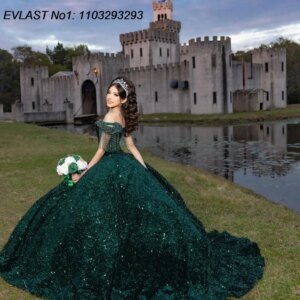 EVLAST Customized Dark Green Quinceanera Dress Ball Gown Shiny Applique Beading Mexico Corset Sweet 16 Vestido De 15 Anos E1Q377