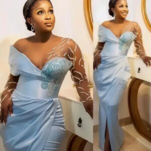 Fashion Mermaid Ball dress Transparent Long sleeve crystal beaded decal sexy pre-split dinner formal party Evening dress