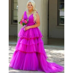 Elegantly V-neck Prom Dress with A-line Tiered Tulle Sleeveless Evening Dresses Customize