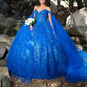 Royal Blue Shiny Quinceanera Dresses Ball Gown Off The Shoulder Sequin Applique Lace Beads Tull With Cape Party Birthday Sweet16