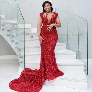 Plus Size Fulllace Aso Ebi Prom Special Mermaid Red Sheer Neck Sequined Lace Backless Formal Dress Evening Dresses for African