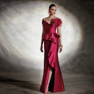 Red Satin Fashion Feather Off Shoulder Women’s Mother of the Bride Ruffle Wedding DressesCL-647