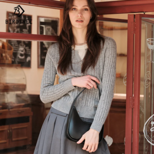 Birdtree-European Cardigans For Women, 47.5% Wool, Fake 2pieces, Elegant Jacket, OL Sweaters, Autumn Winter Knit Coat C40414QM