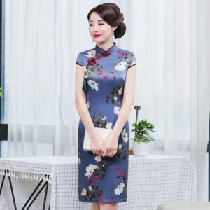 Spring and Summer New High Quality Real Silk Printing plus Size Cheongsam Qipao Women’s Dress