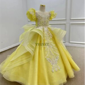 New Custom Gorgeous Yellow Pearl Little Princess Dress Glitter Aulic Banquet Party Flower Girls Dress with Beaded Embroidery