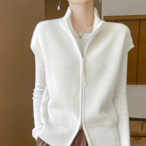 INS Korean style half turtleneck double zipper design cardigan 2024 autumn and winter New wool women’s waistcoat