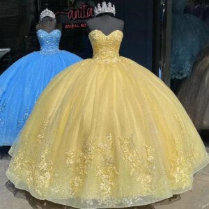 Yellow Princess Quinceanera Dresses 2024 Deep V Neck Beading Crystal Ball Gown Sweet 16 Dress Vestidos De 15 Anos Quinceañera